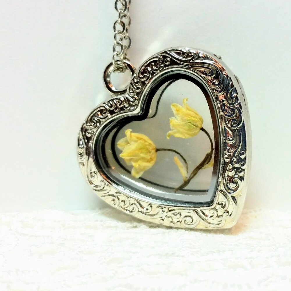 Pressed Flower Necklace white Heart charm Lily of the valley flower necklace